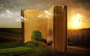 Old book in surreal scene